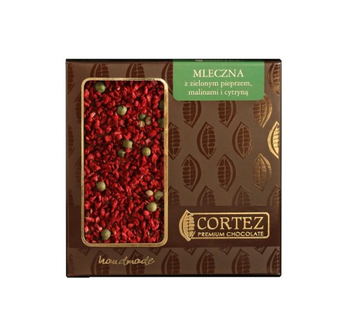 CZEKOLADA MLECZNA CORTEZ - MALINA, ZIELONY PIEPRZ, CYTRYNA 85G