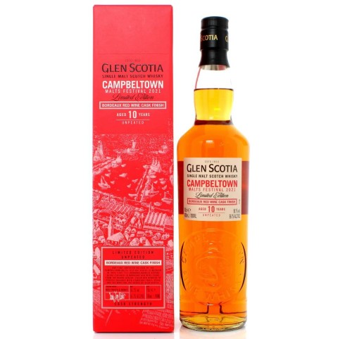 GLEN SCOTIA 10YO FESTIVAL RELEASE 2021 UNPEATED BORDEAUX RED WINE CASK FINISH SINGLE MALT WHISKY 0,7L + KARTONIK
