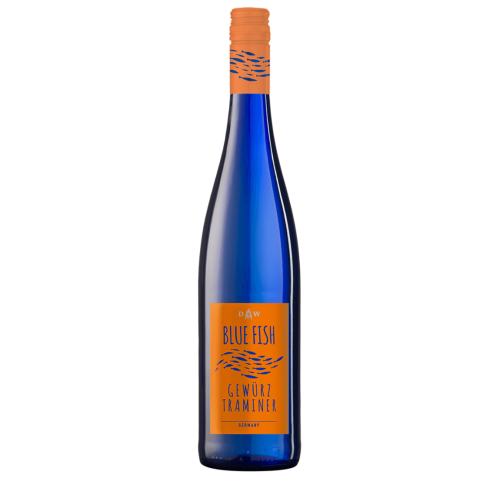 WINO NIEMIECKIE BLUE FISH GEWURZTRAMINER PFALZ BIAŁE PÓŁSŁODKIE 0,75L ODROBINA SŁODYCZY W ŚRODKU LATA